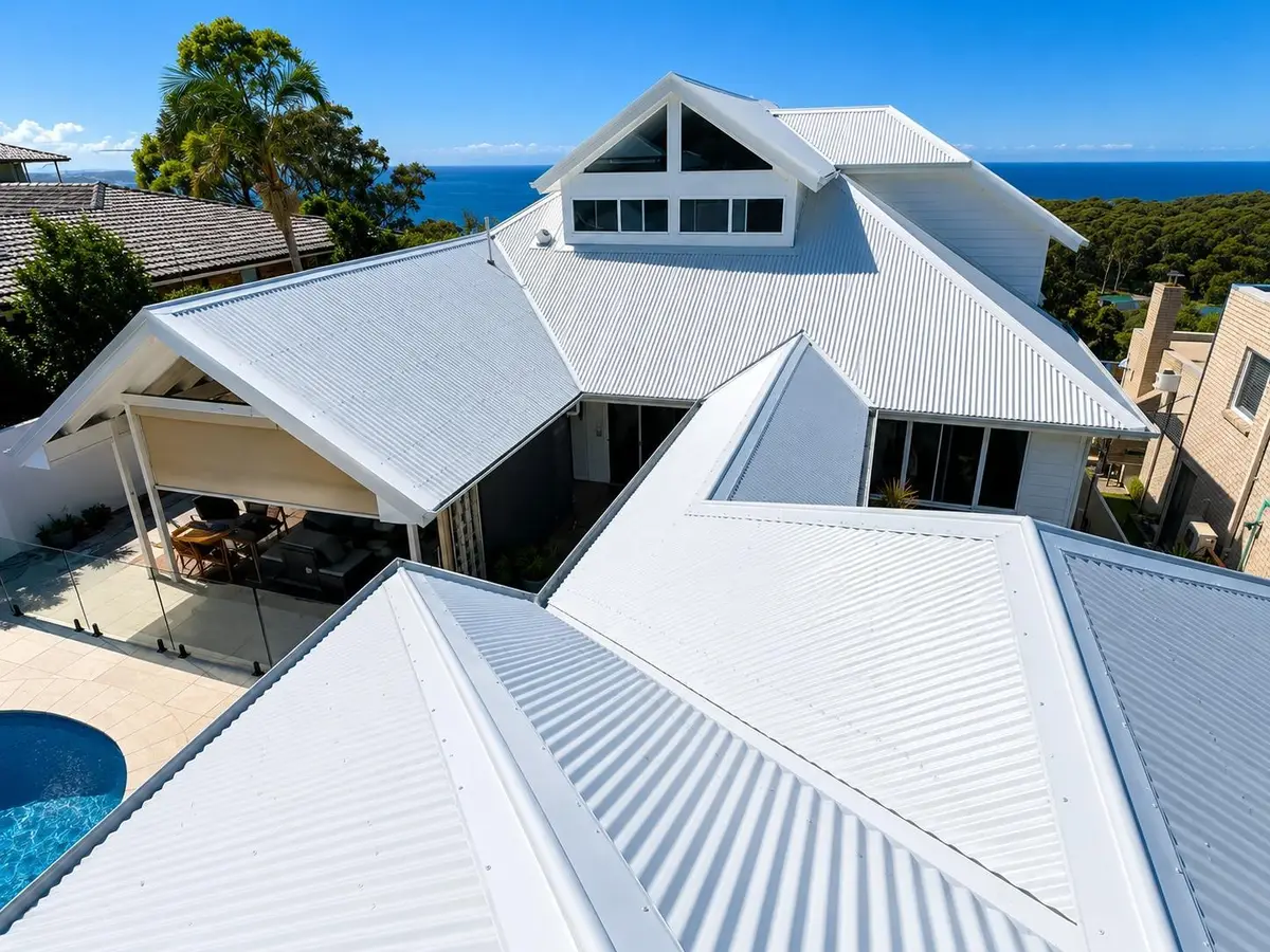 White corrugated metal roof on a two-storey coastal home with the ocean behind