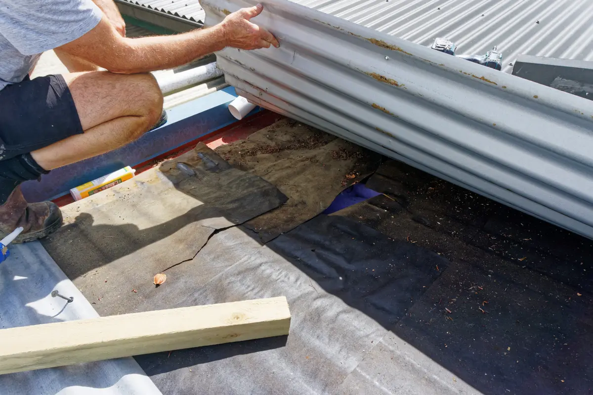 Roofer lifting a corrugated metal sheet to check the sarking and battens during a storm repair
