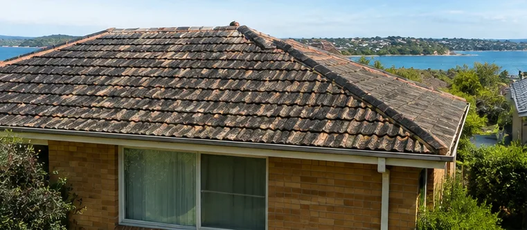 Illustration: weathered grey tile roof with lichen and dirt, the kind of roof that needs a clean