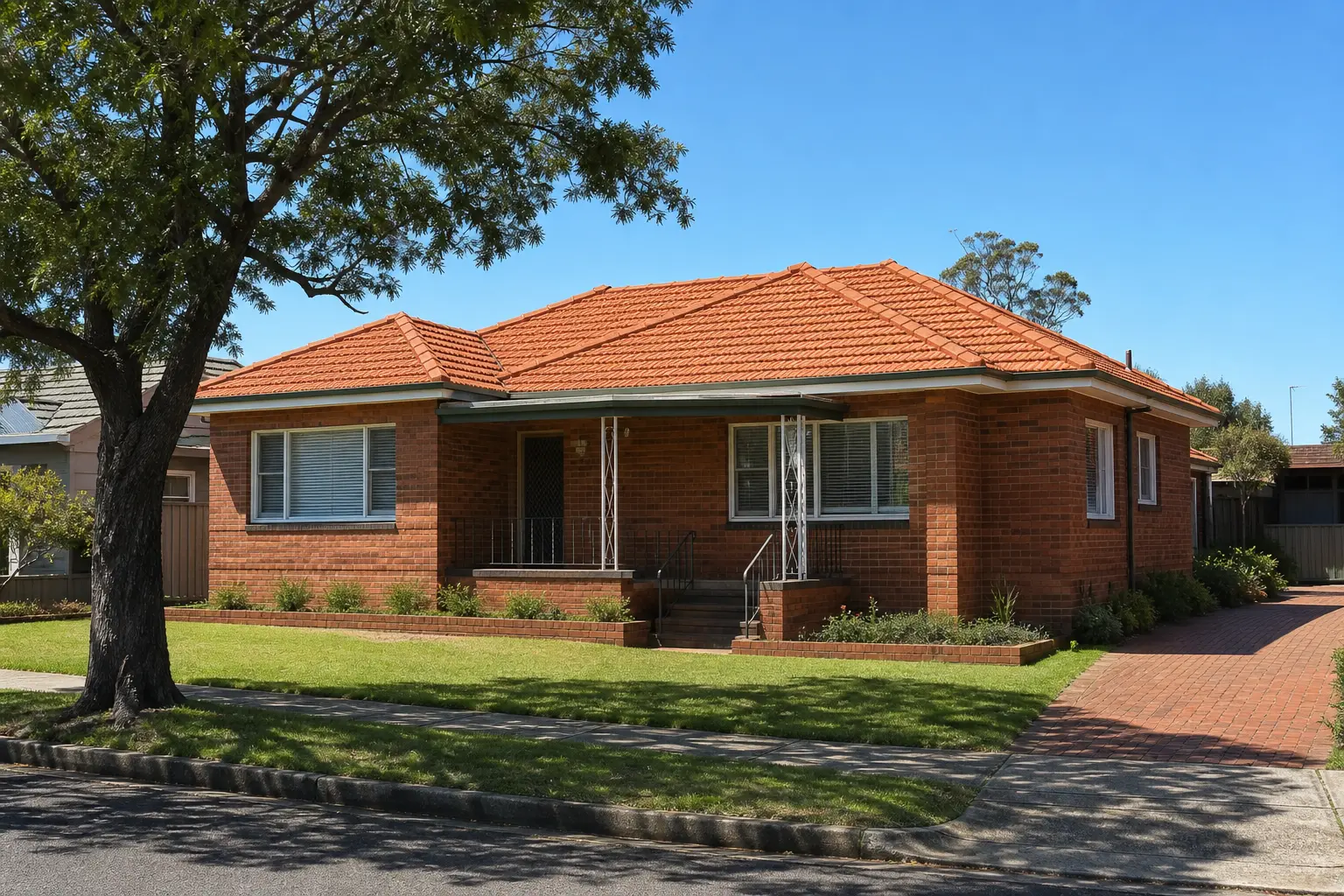 Illustration: post-war brick home with a terracotta coloured tile roof